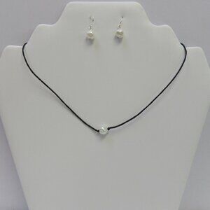 Black Cord Necklace With Pearl Charm & Matching Dangle Earrings NEW